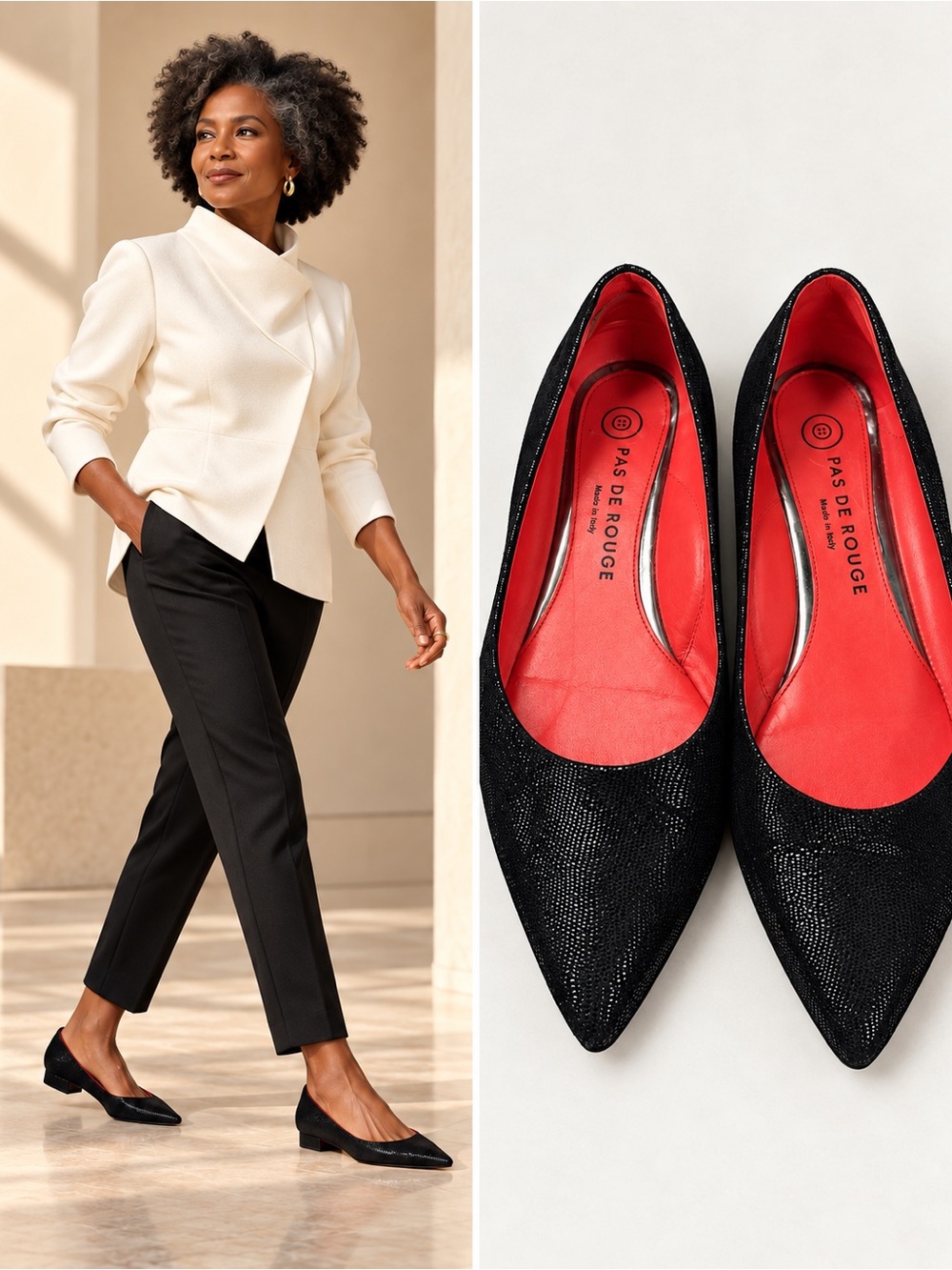 Pas de Rouge Black Textured Pointed Toe Flats EU 38.5 Made in Italy